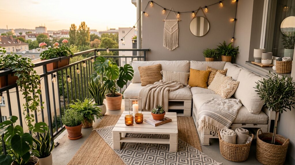 Balcony with pallet furniture decor 202605231849